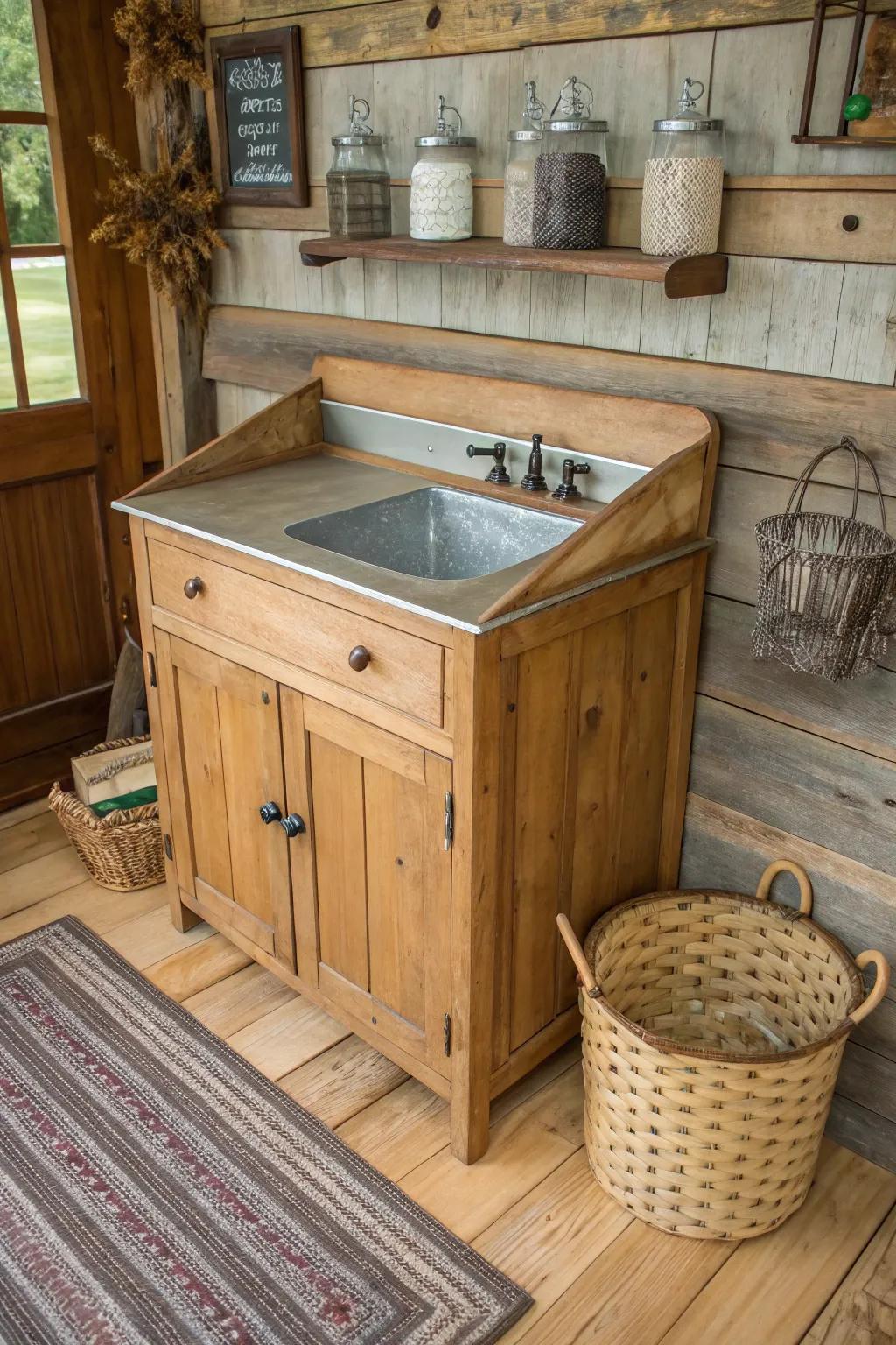 Varied mediums create a rustic, modern appearance for this utility basin.