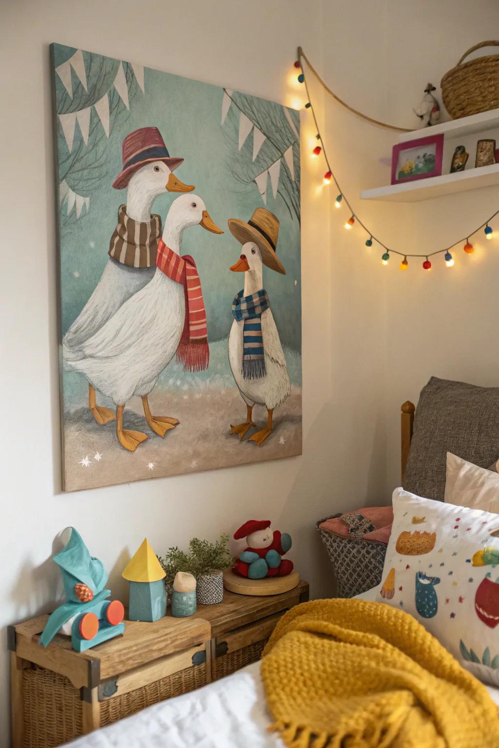 Unique adorned waterfowl bring fun to any child's space.