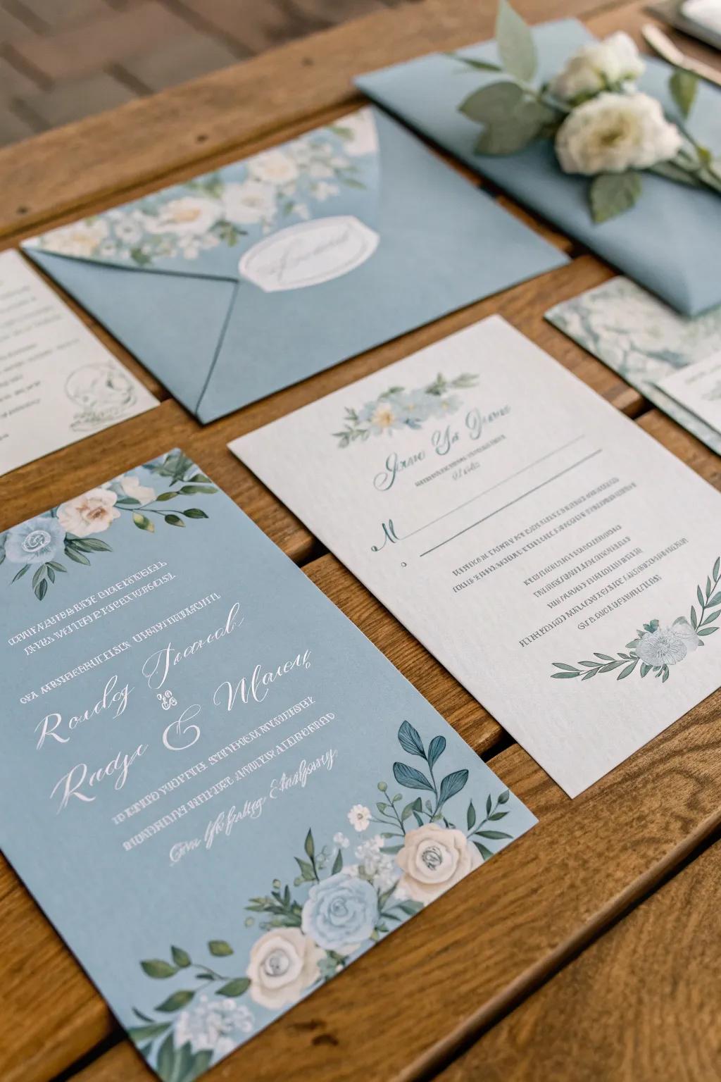 Chic and sophisticated sky blue correspondence that establishes the perfect tone for your wedding.