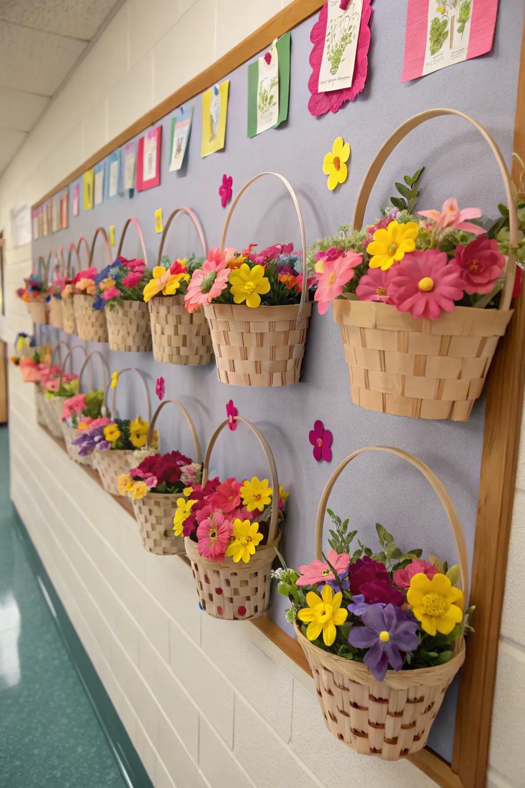 Easter baskets filled with colorful paper flowers symbolizing spring.