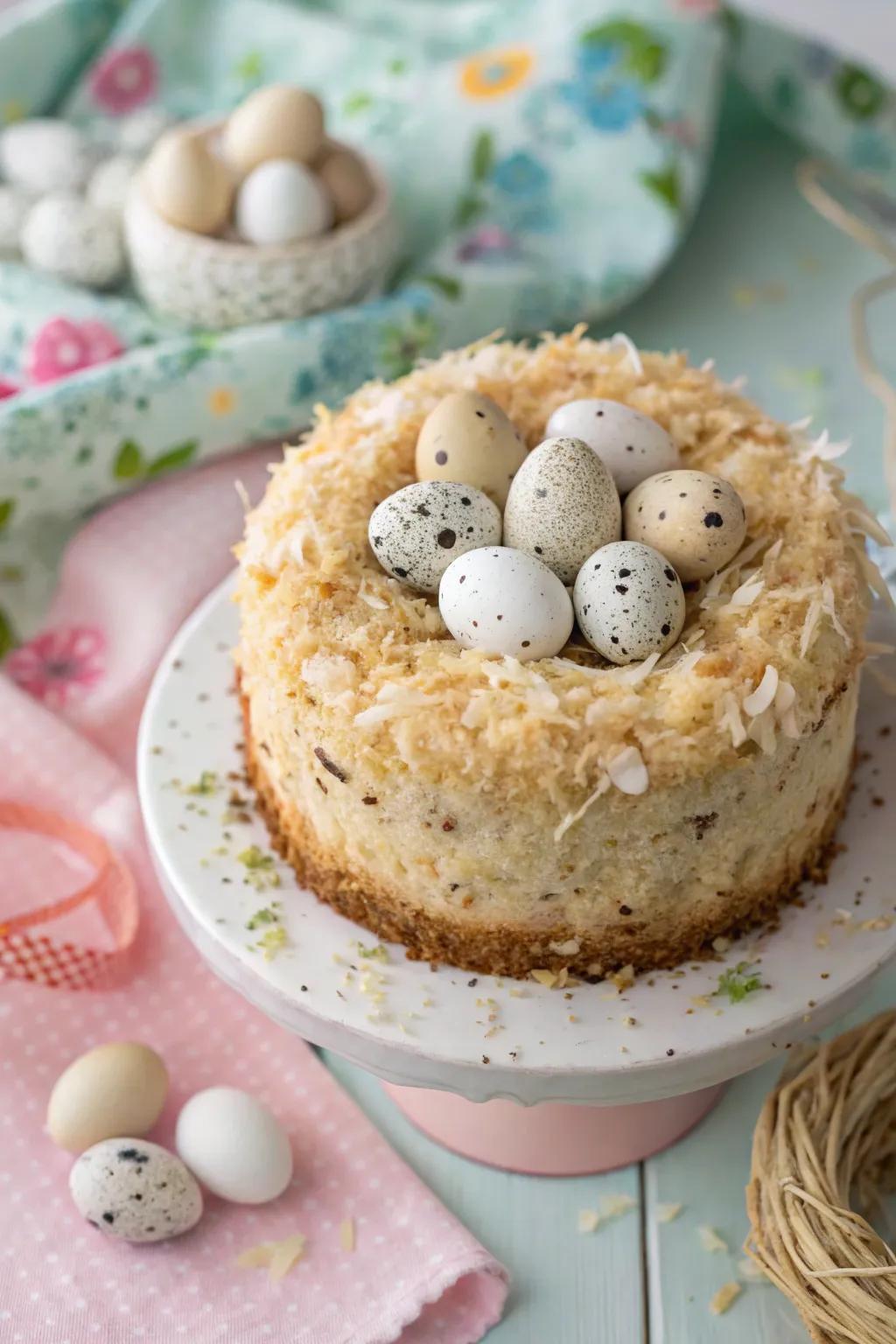 A speckled egg nest adds an elegant touch to this Easter cake.