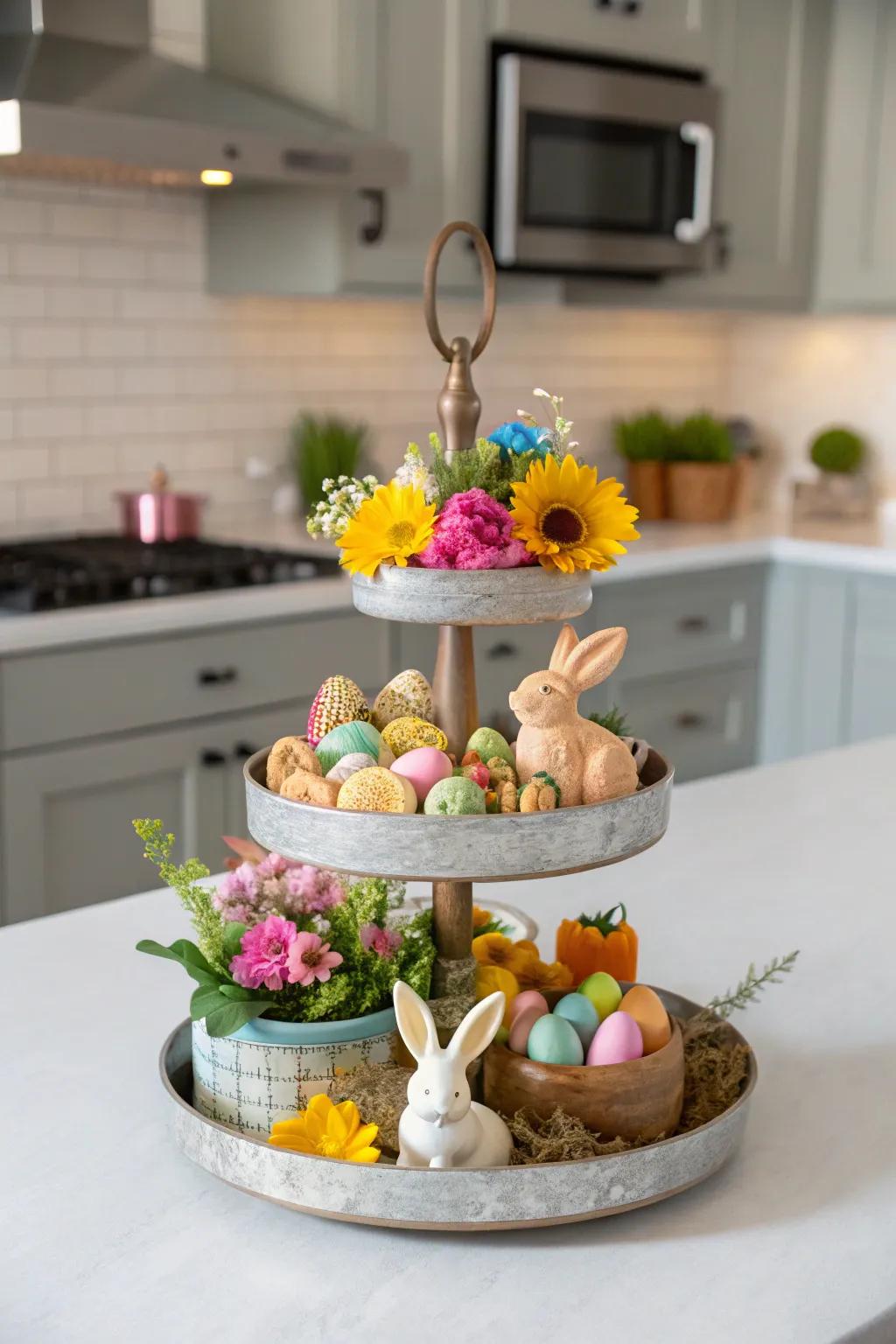 Multi-level trays gracefully display small Easter decor items.