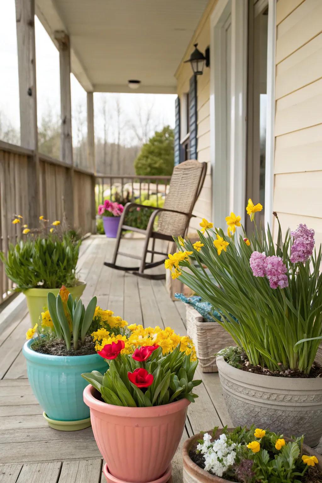 Potted blooms breathe vitality into your Easter porch decor.