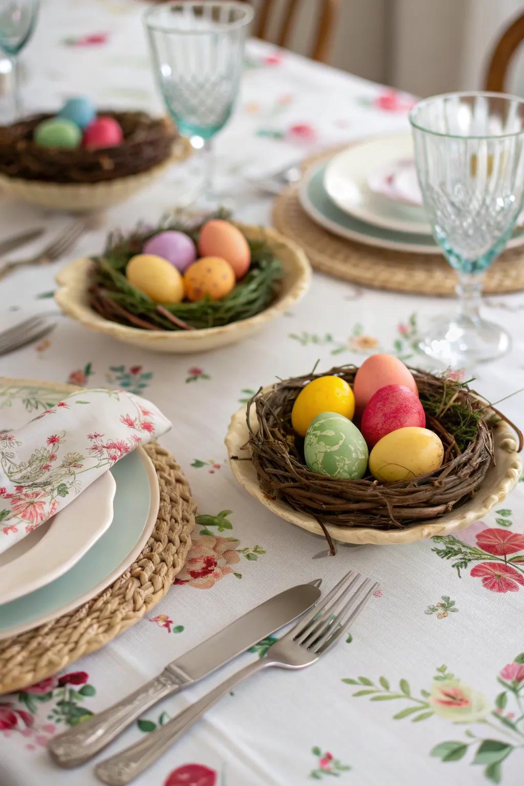 Decorative nests with painted eggs create a festive centerpiece.