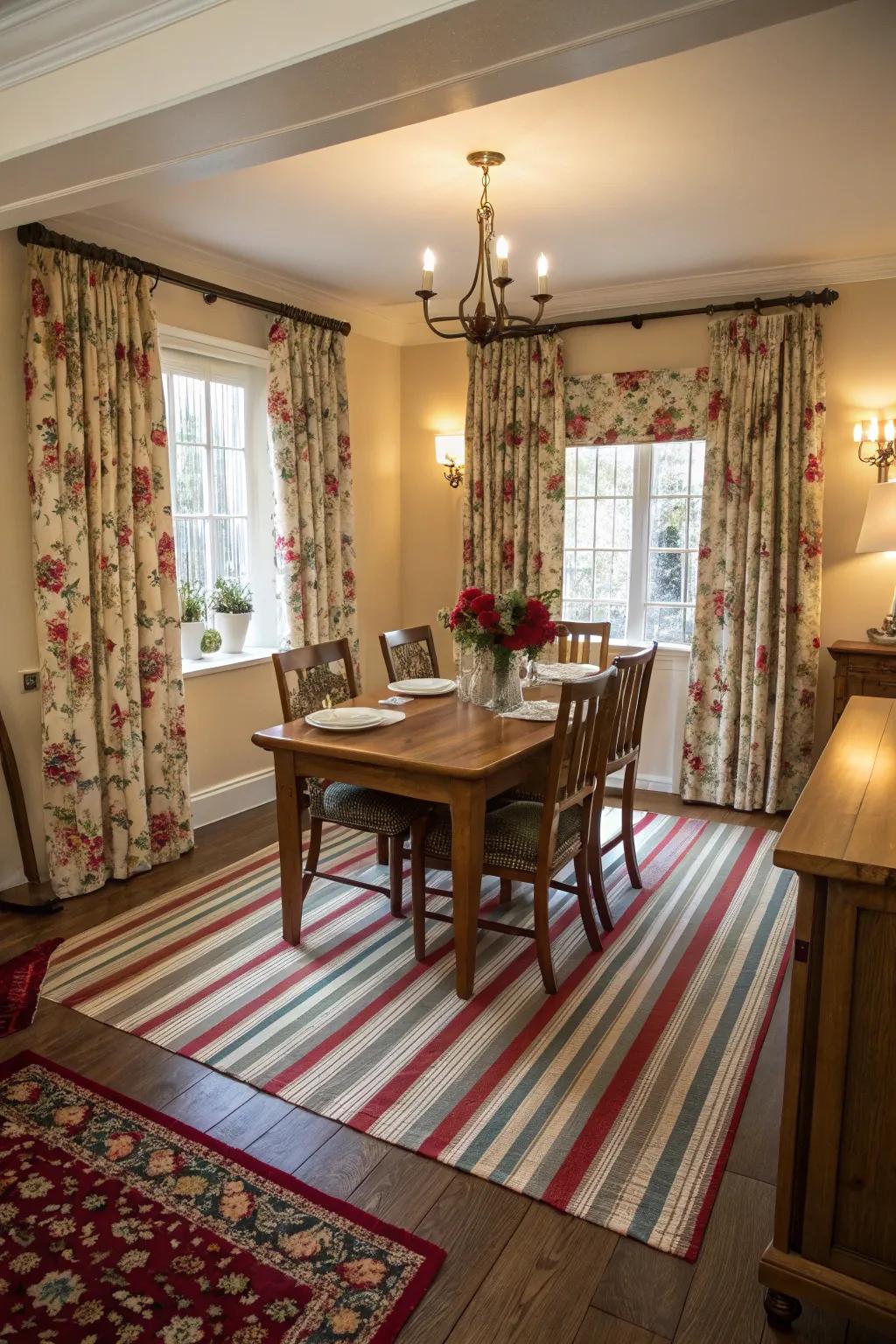 A dining room with an exciting mix of patterns.