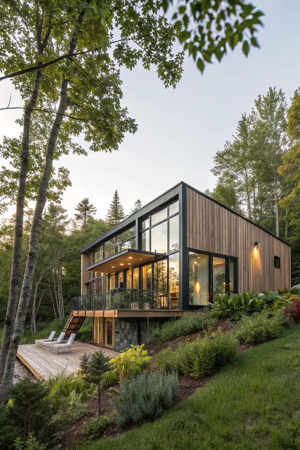 A stylish modular home constructed with sustainable materials, nestled in a natural environment.