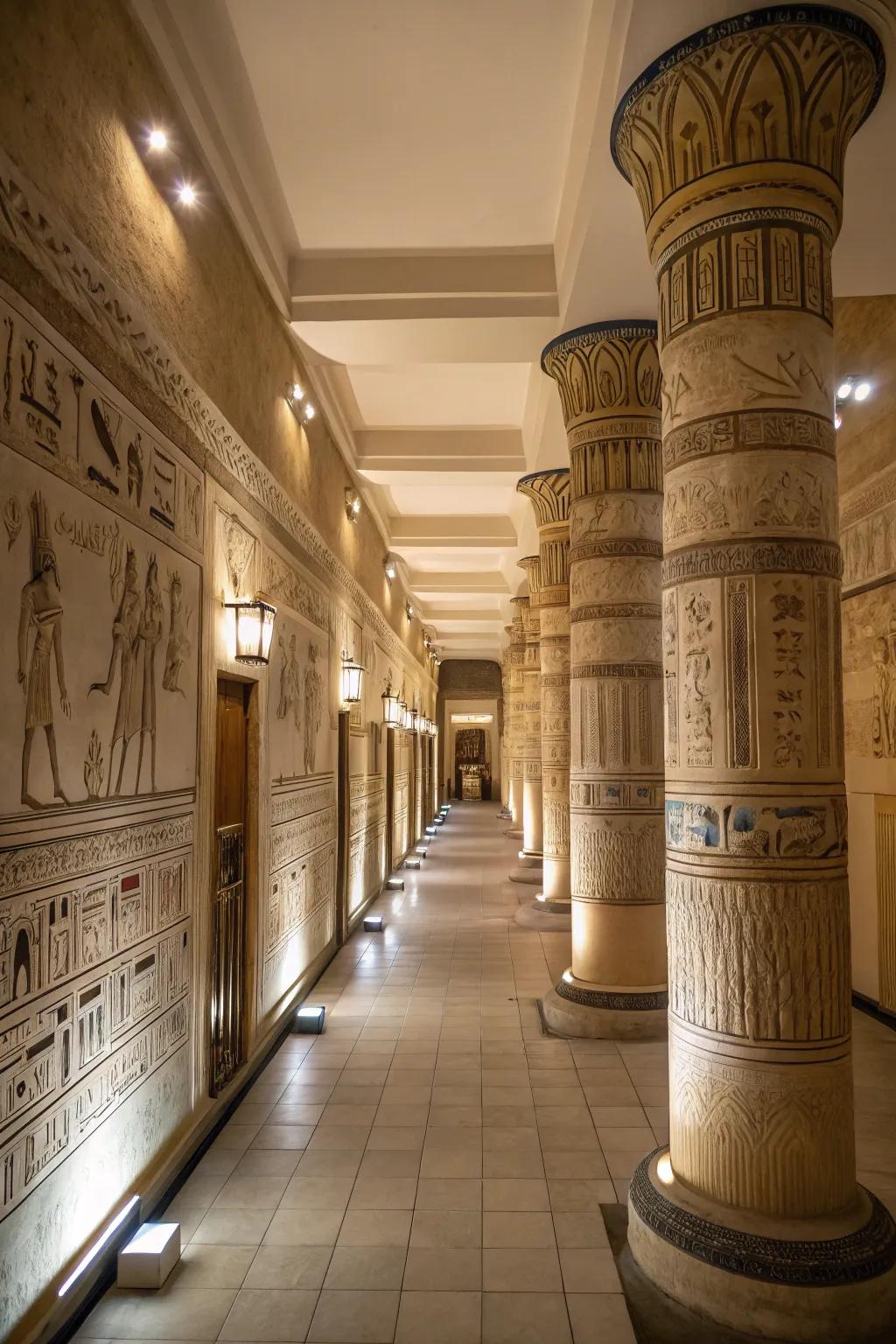 Pillars evoke a majestic ambiance reminiscent of Egyptian temples.