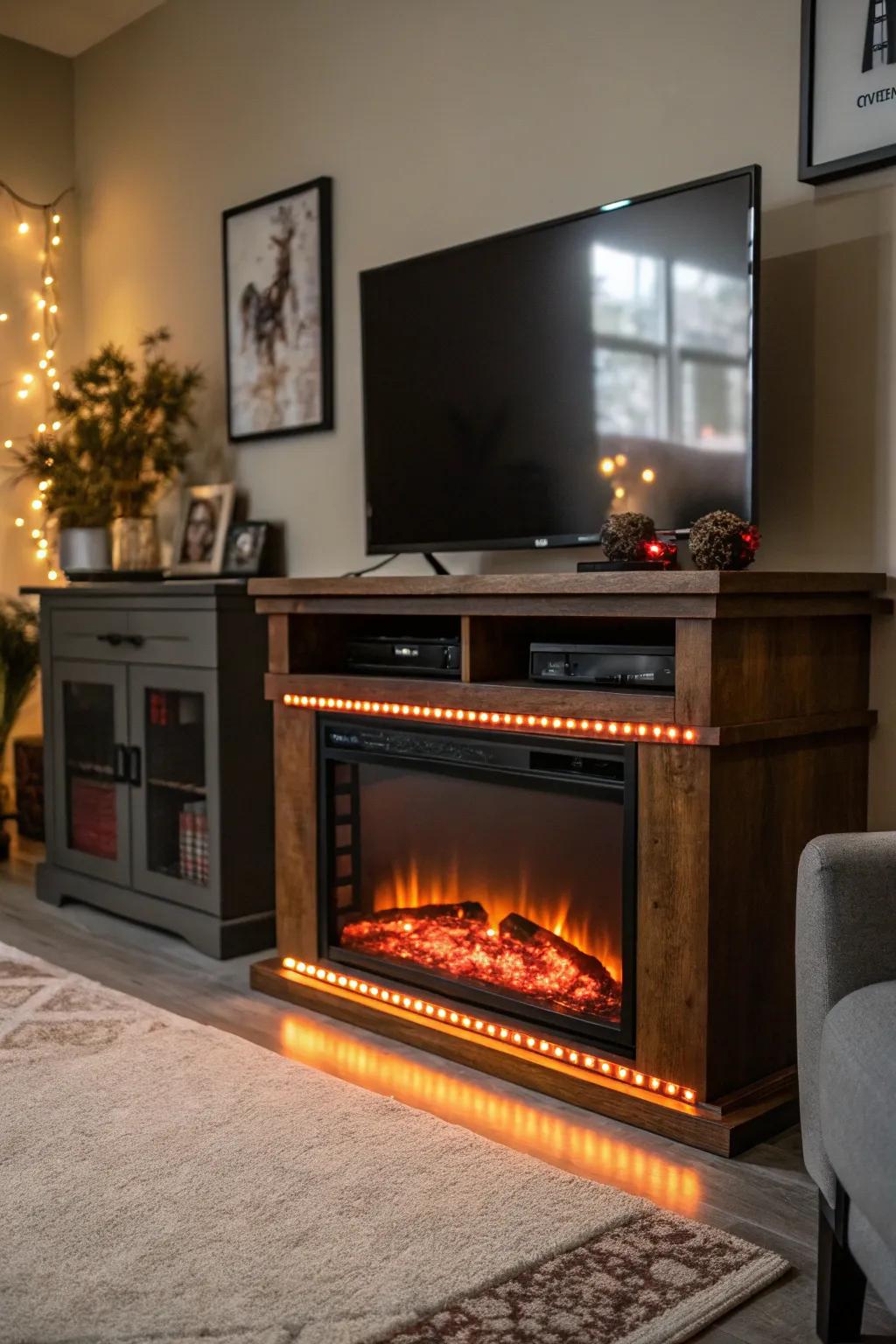 Emphasized illumination cultivates a warm and appealing atmosphere encircling your hearth and television.