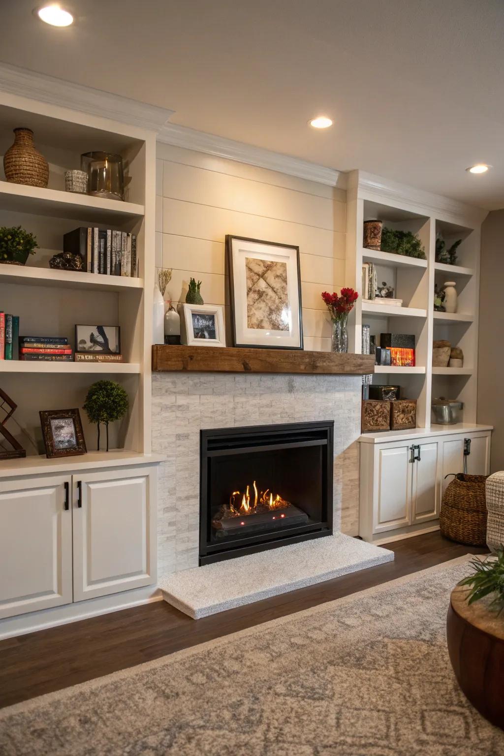 A built-in fireplace offering a mix of elegance and storage solutions.