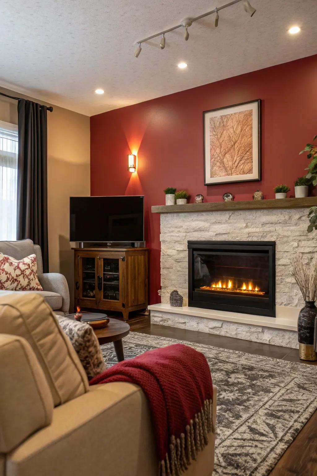 A living room with a boldly painted feature wall showcasing an electric fireplace.