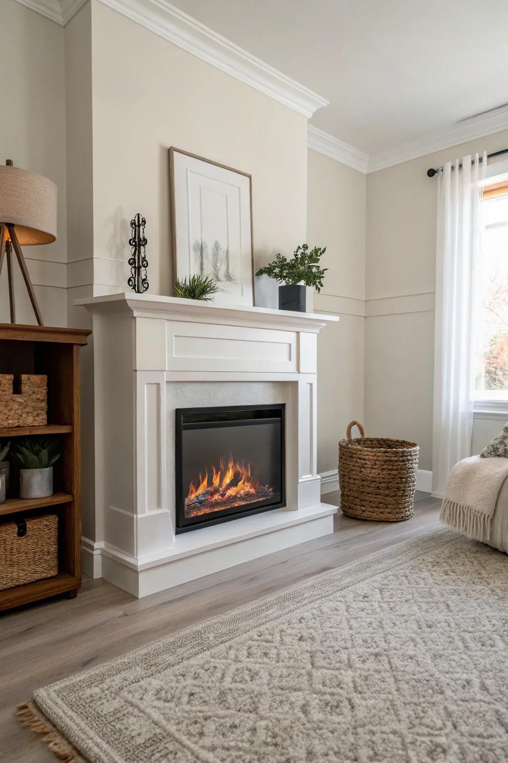 Minimalist elegance with an electric fireplace as the centerpiece.