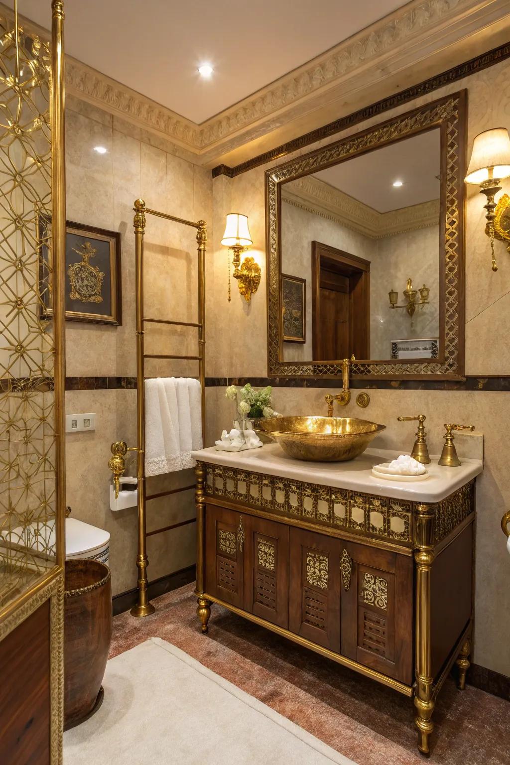 Metallic highlights lend a modern sharpness to a classic bathroom design.