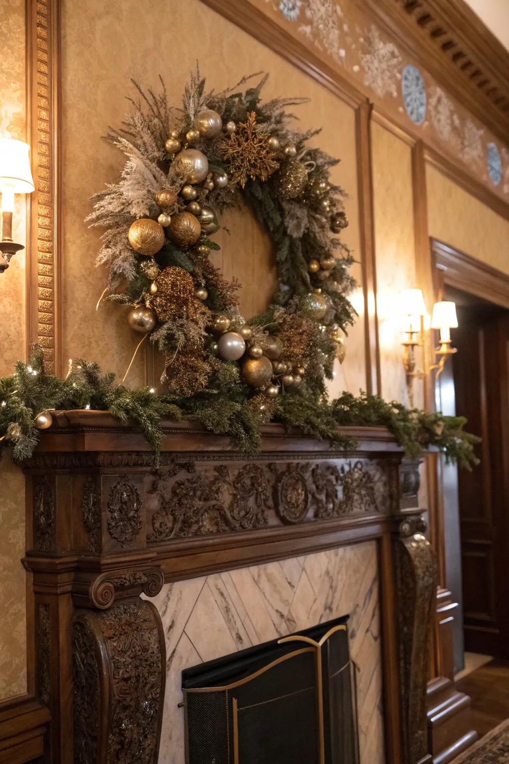 An elaborate wreath introduces a glamorous focal point.