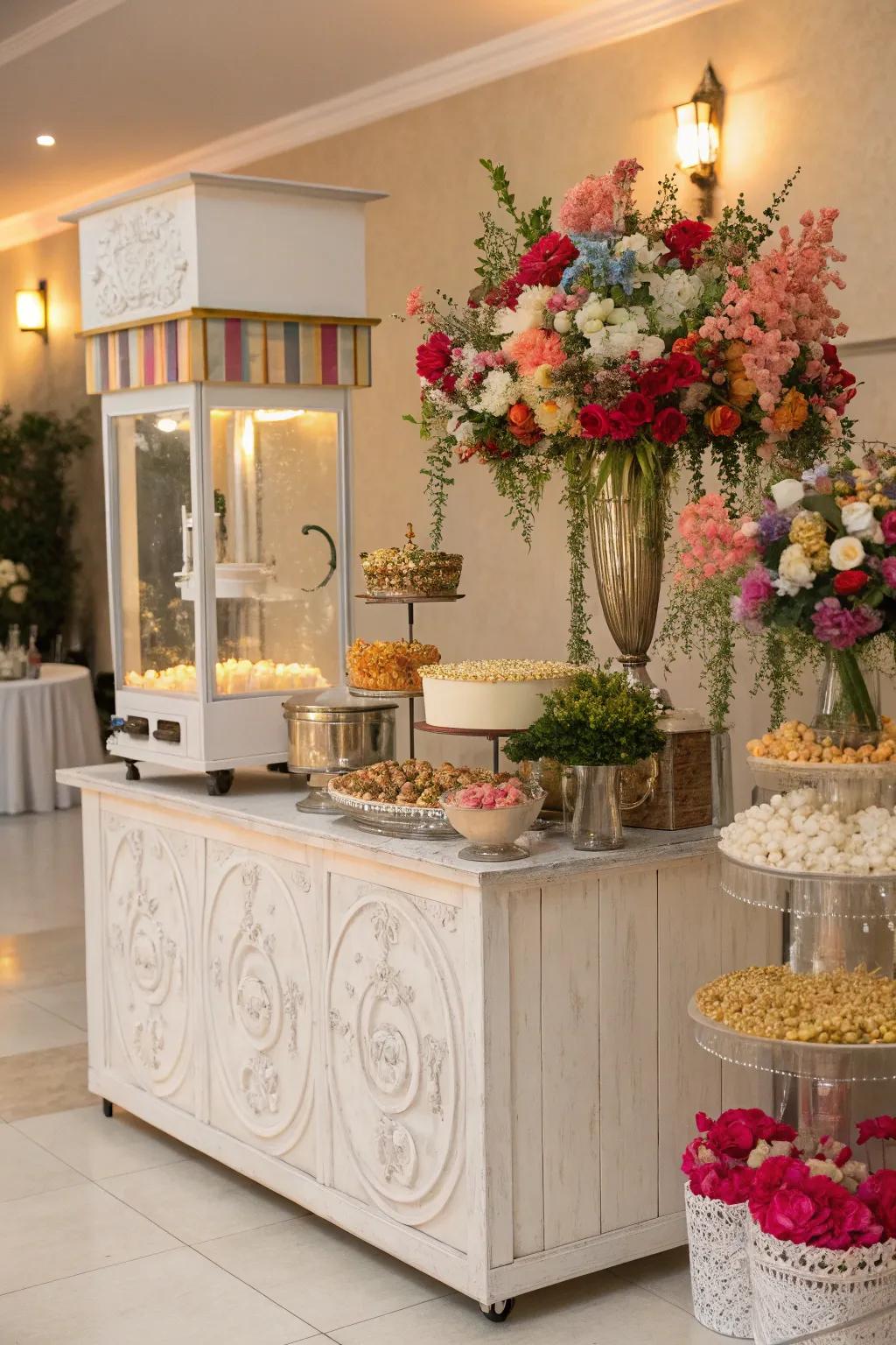 An elegant popcorn bar table with vibrant floral decorations, enhancing the wedding’s elegance.