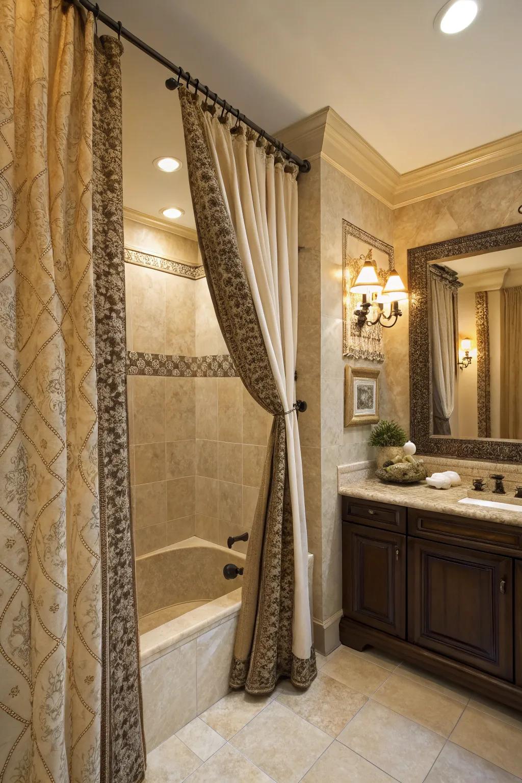 An extravagant bathroom featuring elegantly cascading, layered shower screens.