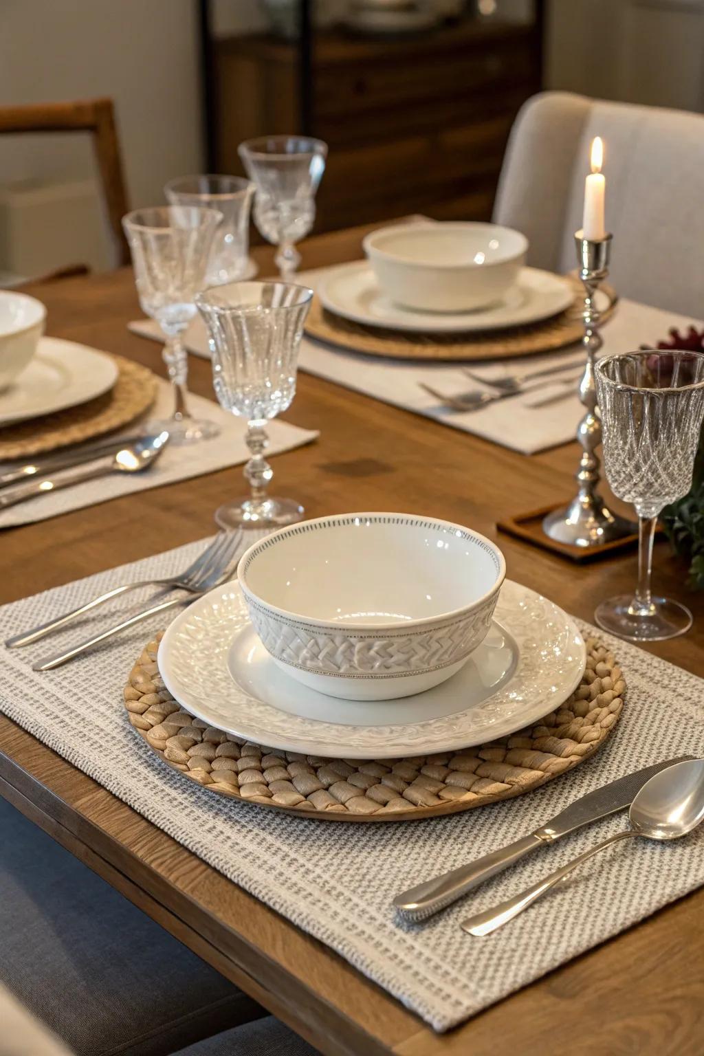 Textured placemats add a tactile element to the table.