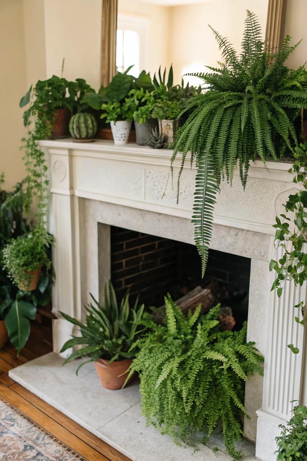Welcome nature inside by turning your fireplace into a green retreat.