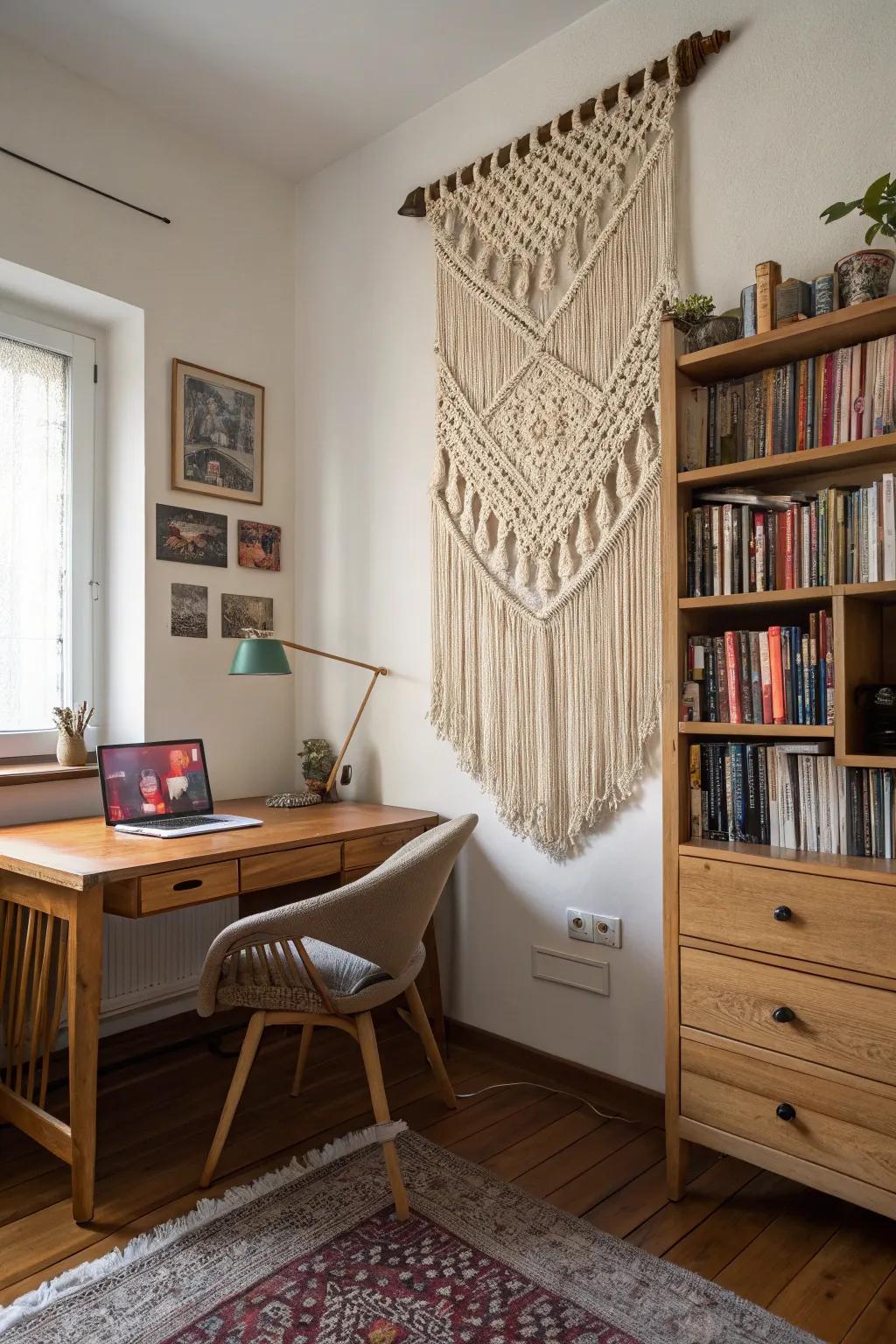 Intricate macramé art adding warmth and character to a workspace.