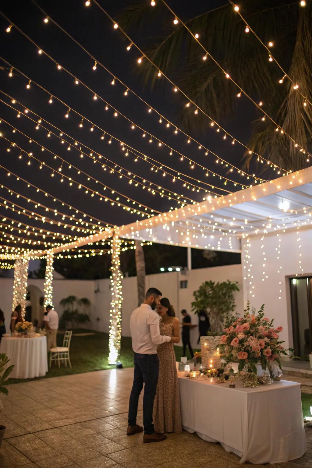 String lights bathing an engagement party in a warm glow.