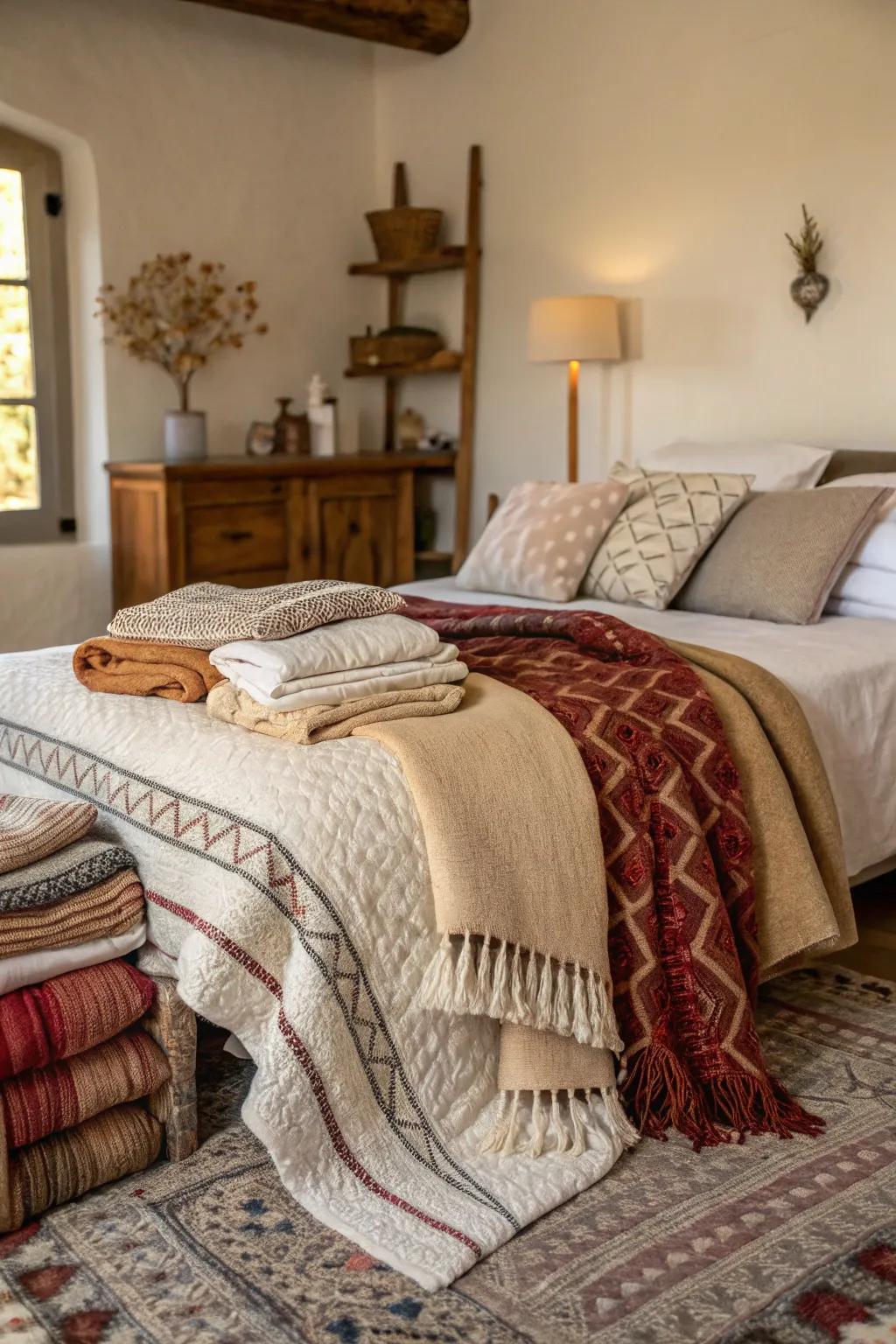 Layered textiles invite relaxation and warmth.