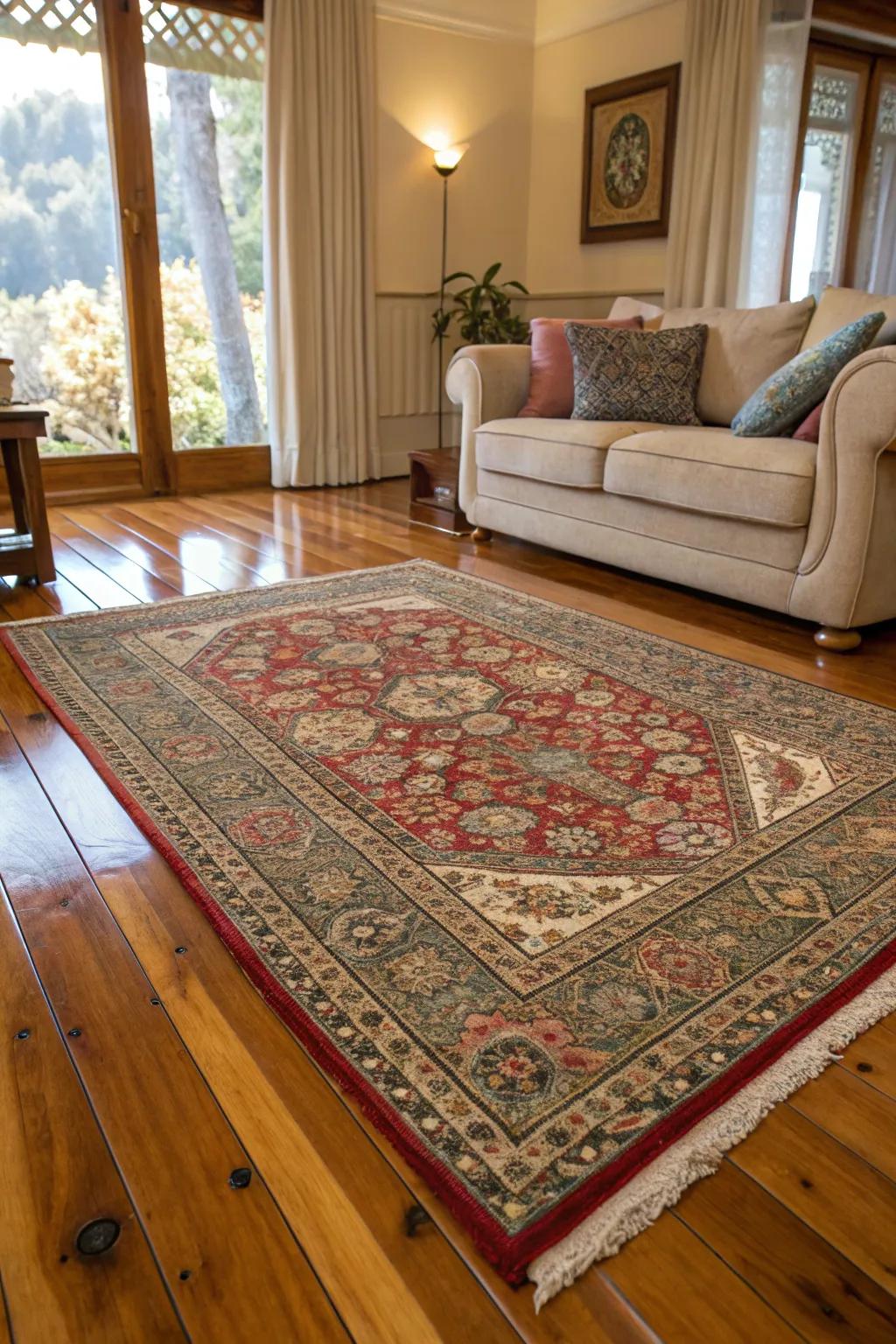 Decorated floor coverings infuse warmth and texture into the space.