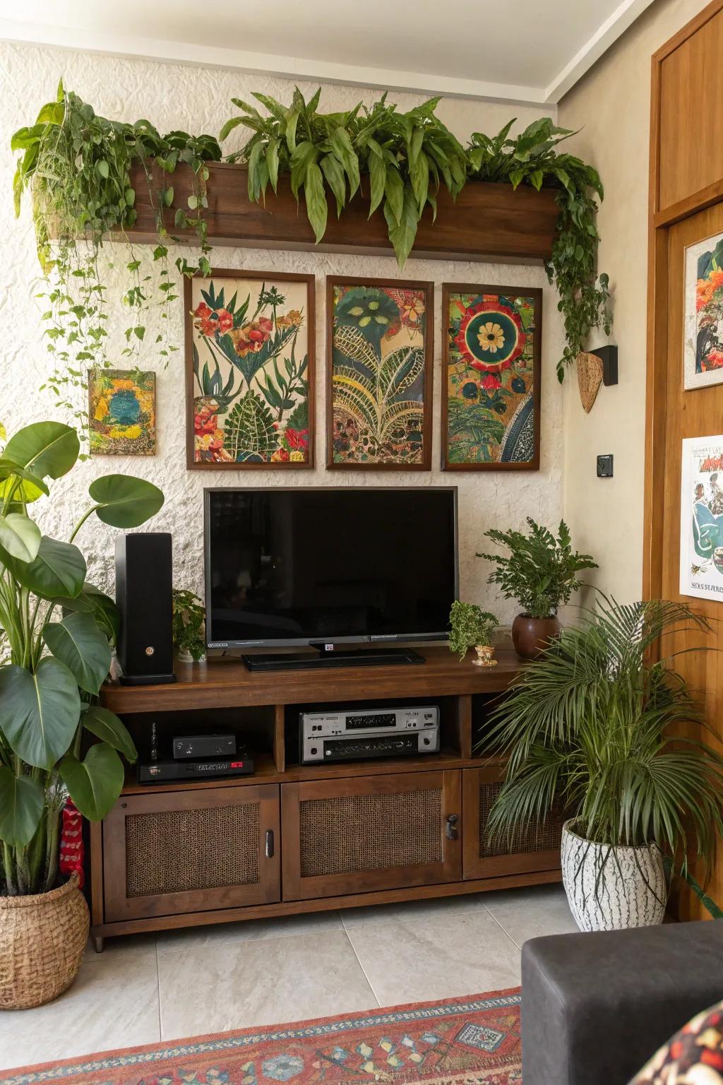 Ornamental details for instance flora and art lend energy to this entertainment station.