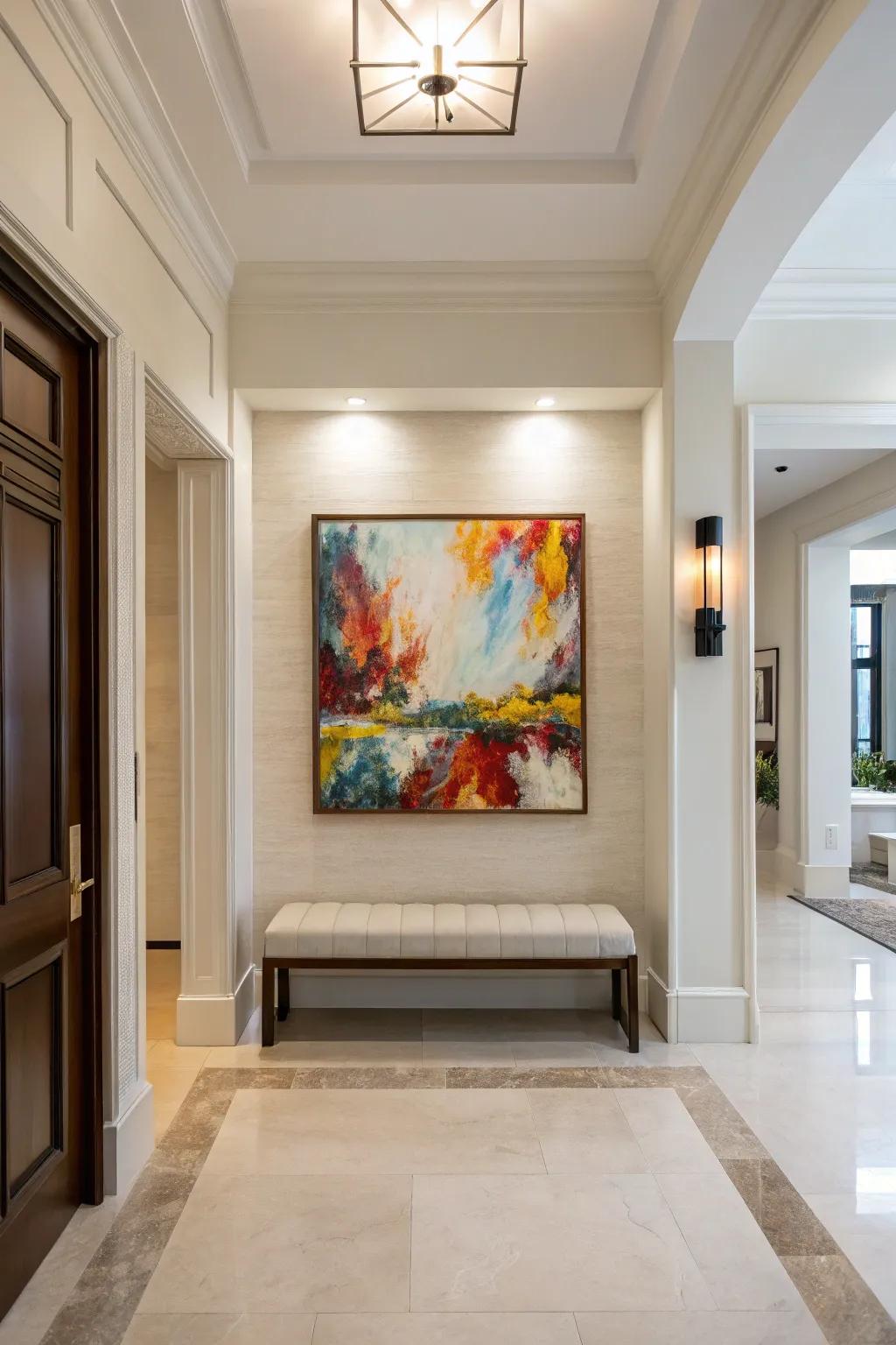 An impressive piece of art adds personality and color to the foyer.