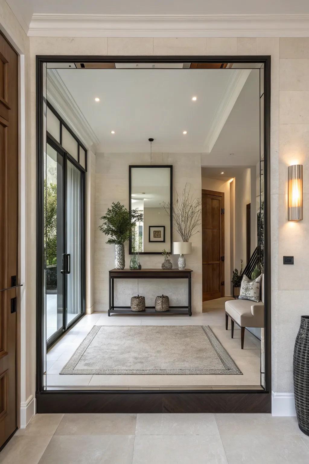 A frameless mirror gives a clean and modern touch to any entrance.