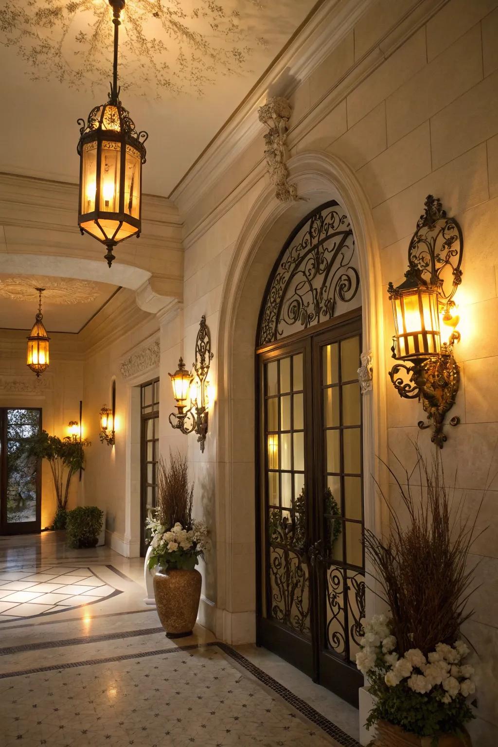 An entryway is lit with ornamental wall sconces, offering a cultured vibe.