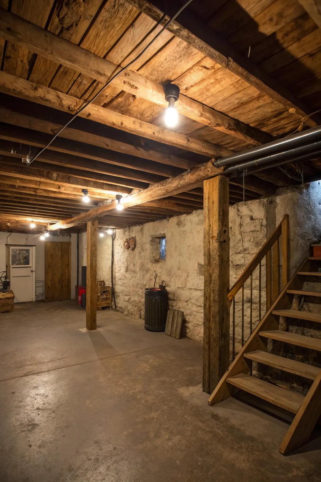 Integrate rustic wooden beams to soften the industrial edge of an exposed ceiling.