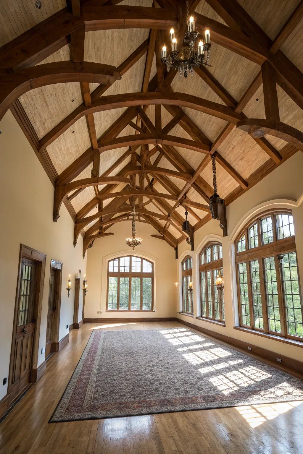 High ceilings combined with exposed beams.