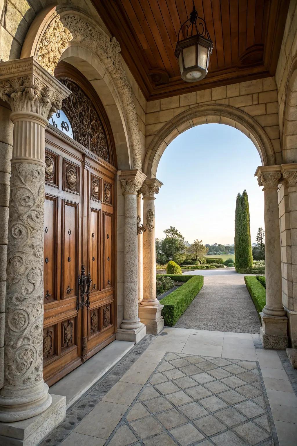 A stone-featured entranceway makes for a magnificent and inviting entry.
