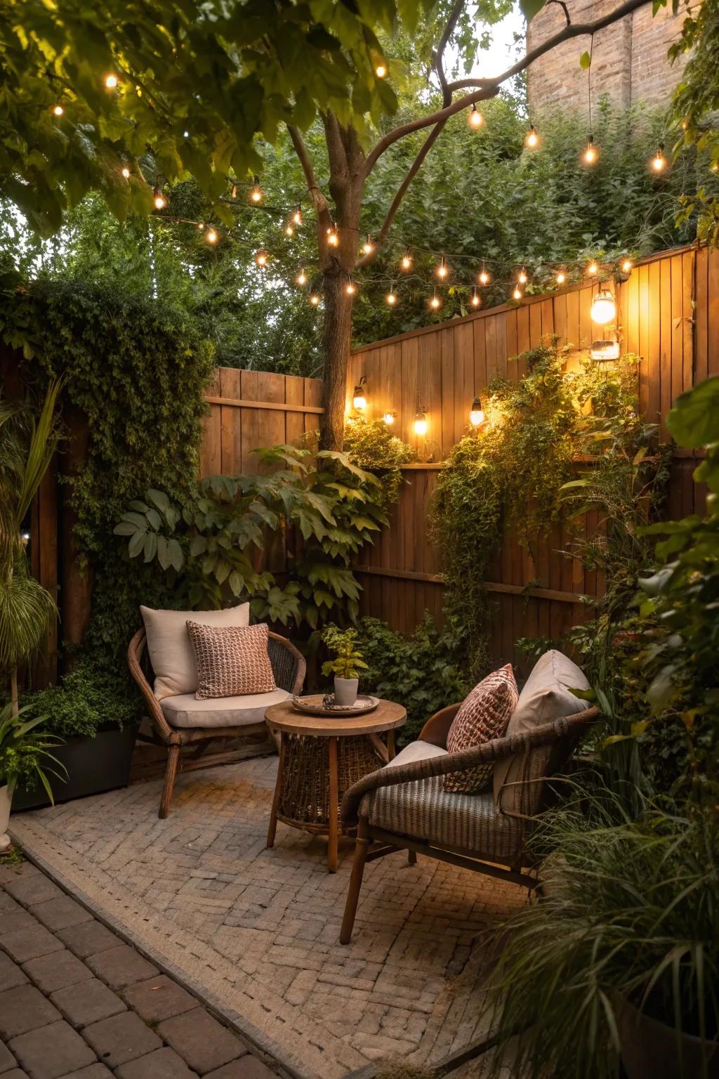 A cozy spot with fairy lights makes for a perfect relaxation space.