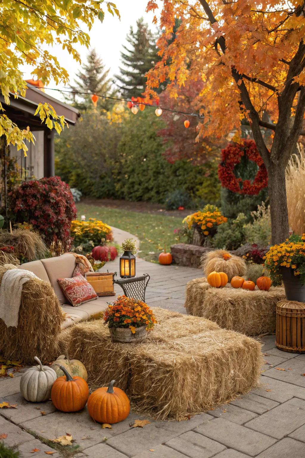 Thatch bundles fashion a homespun seating spot in an autumnal garden.