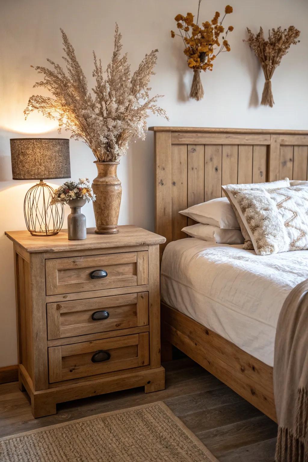 Innate components such as lumber and desiccated blossoms amplify the fall sensation.