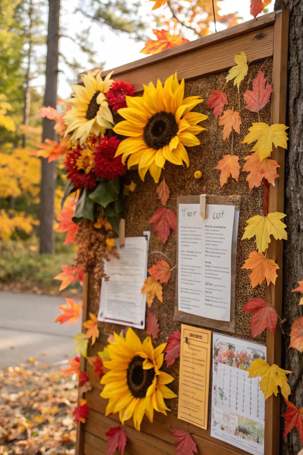 Sunflowers bring a cheerful brightness to this fall bulletin board.