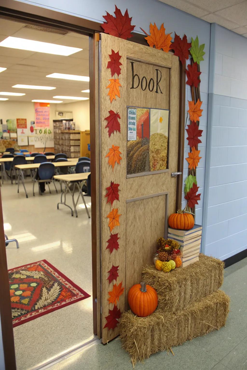 A harvest door with books and hay bales.