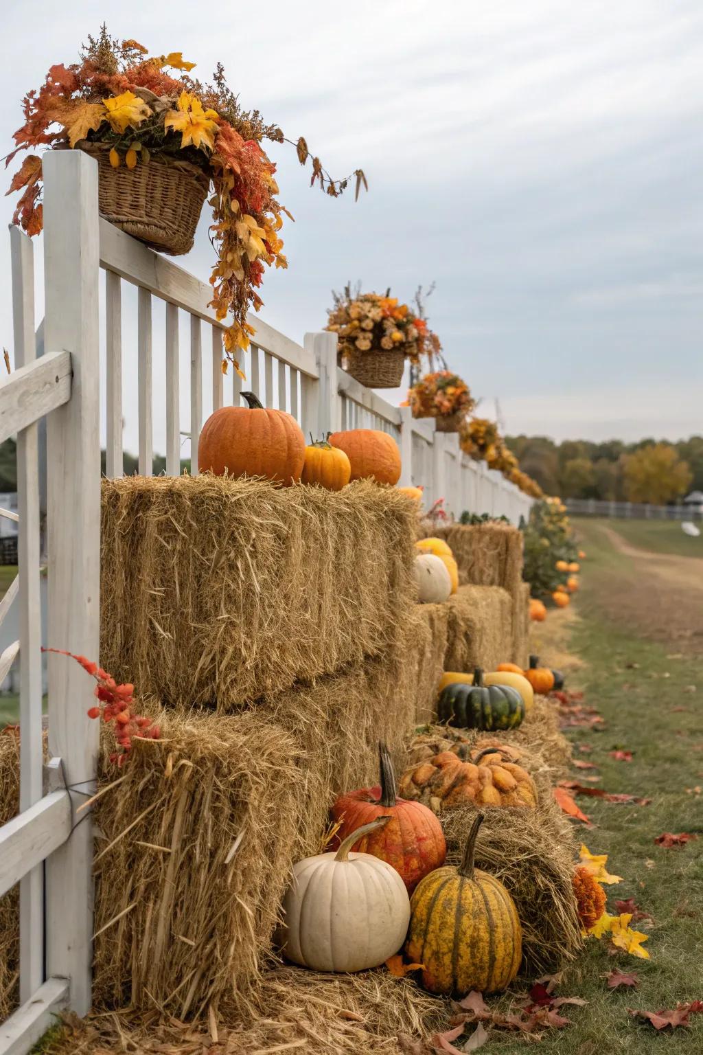 Hay bales provide stages for seasonal decorations, enhancing dimension to the scene.
