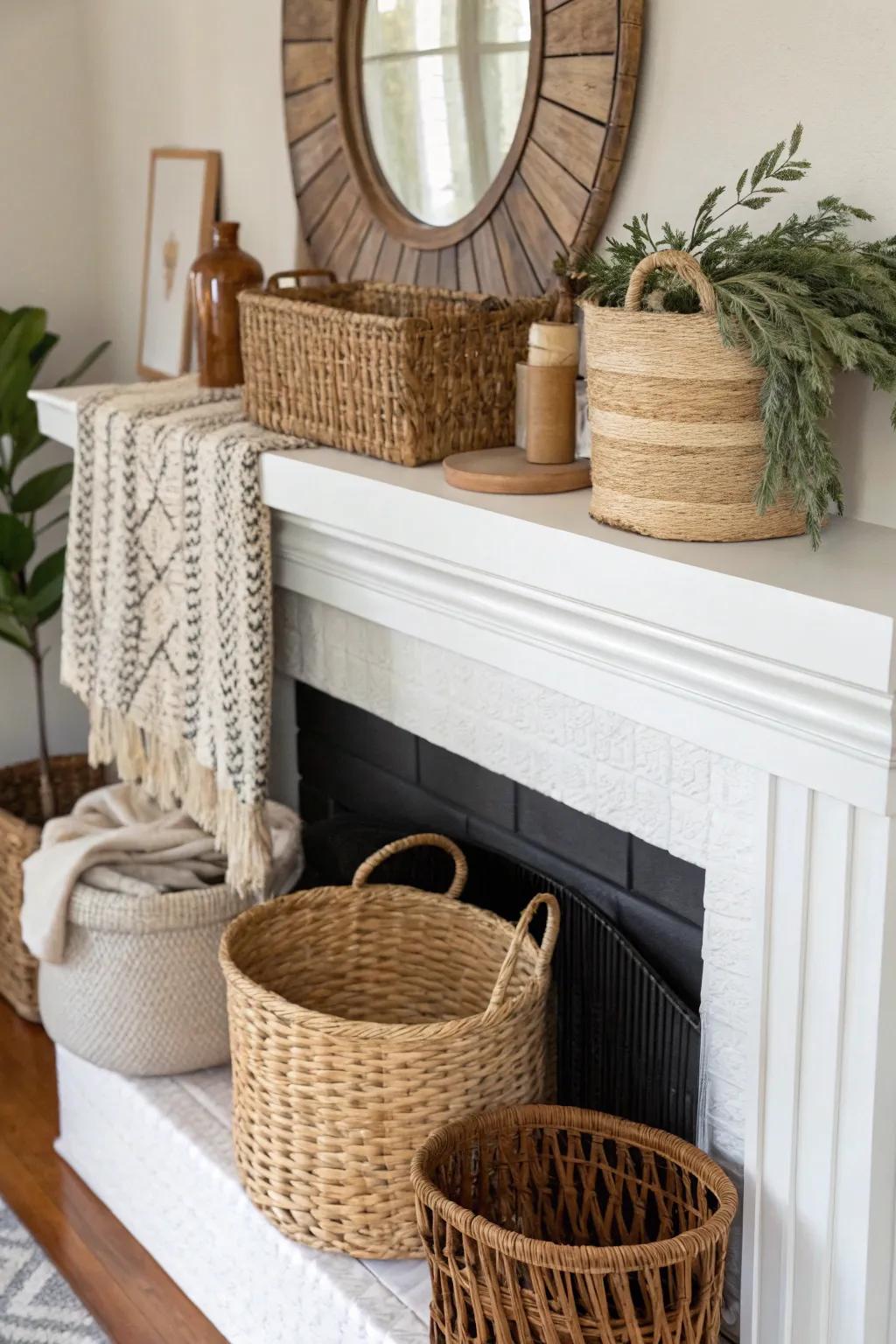 A mantel accentuated with rattan baskets and interwoven textures.