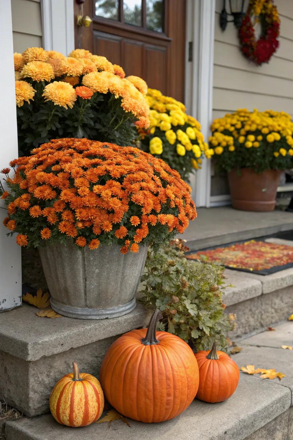 Mums and gourds create a vibrant autumnal pairing.