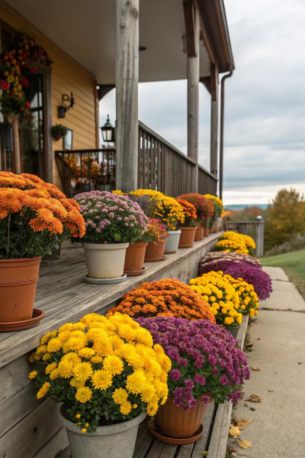 Radiant fall blooms in autumnal shades inject vibrant color into your porch.