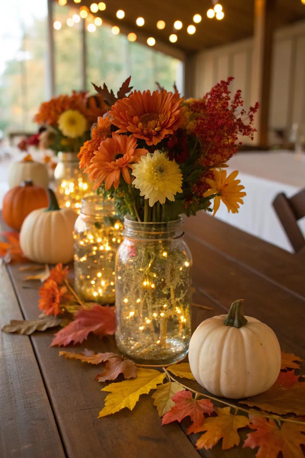 Canning jars filled with fairy lights and autumn flowers add rustic charm to the wedding decorations.