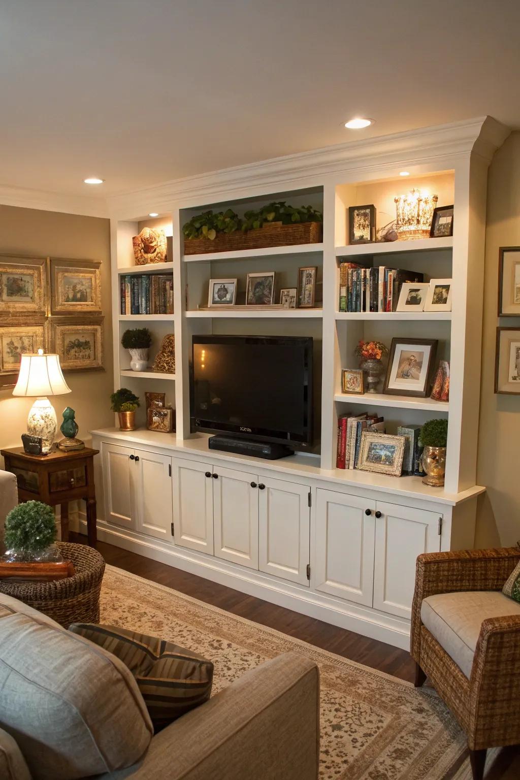 Open shelving provides space for decorative items and smooth TV integration.