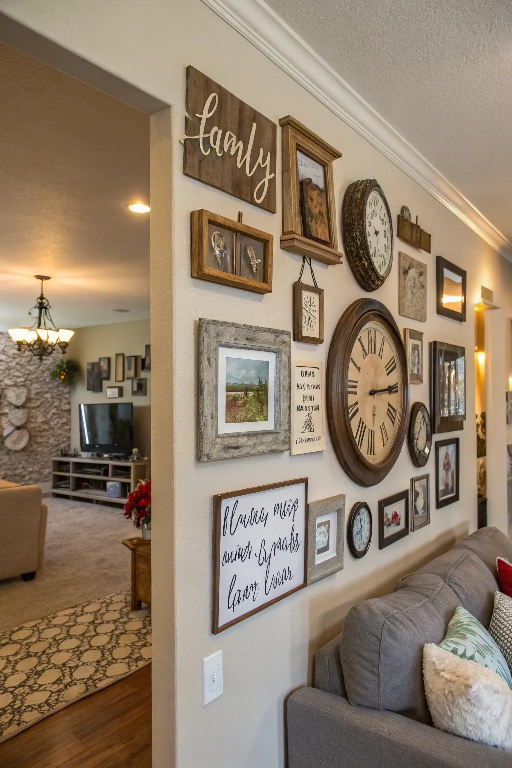An appealing combination of frames and decor elements creating an engaging family wall.