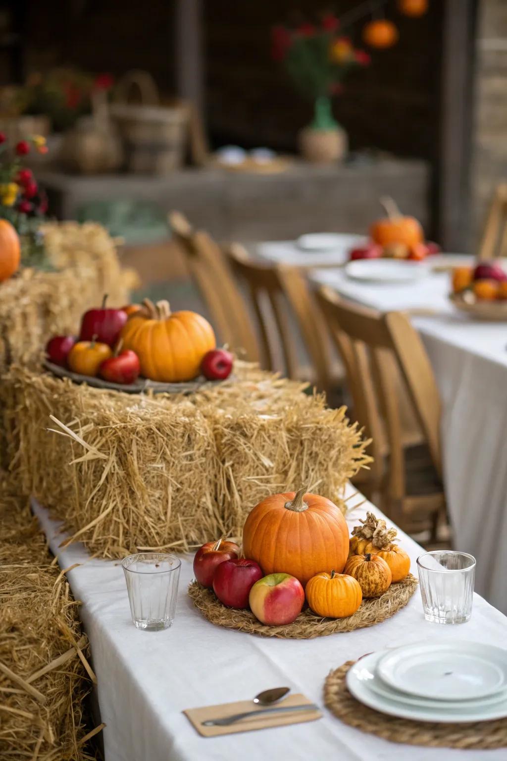 Hay stacks adorned with orange gourds conjure a warm, rustic centerpiece.
