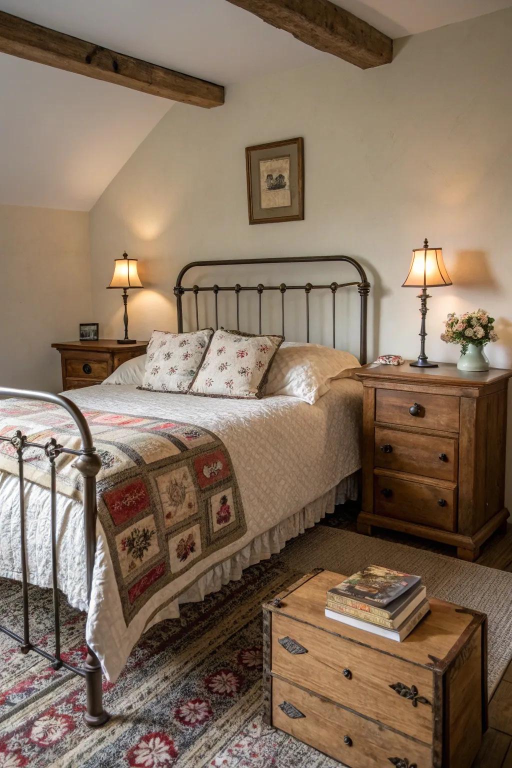 Aged furniture pieces add historical charm to the bedroom.