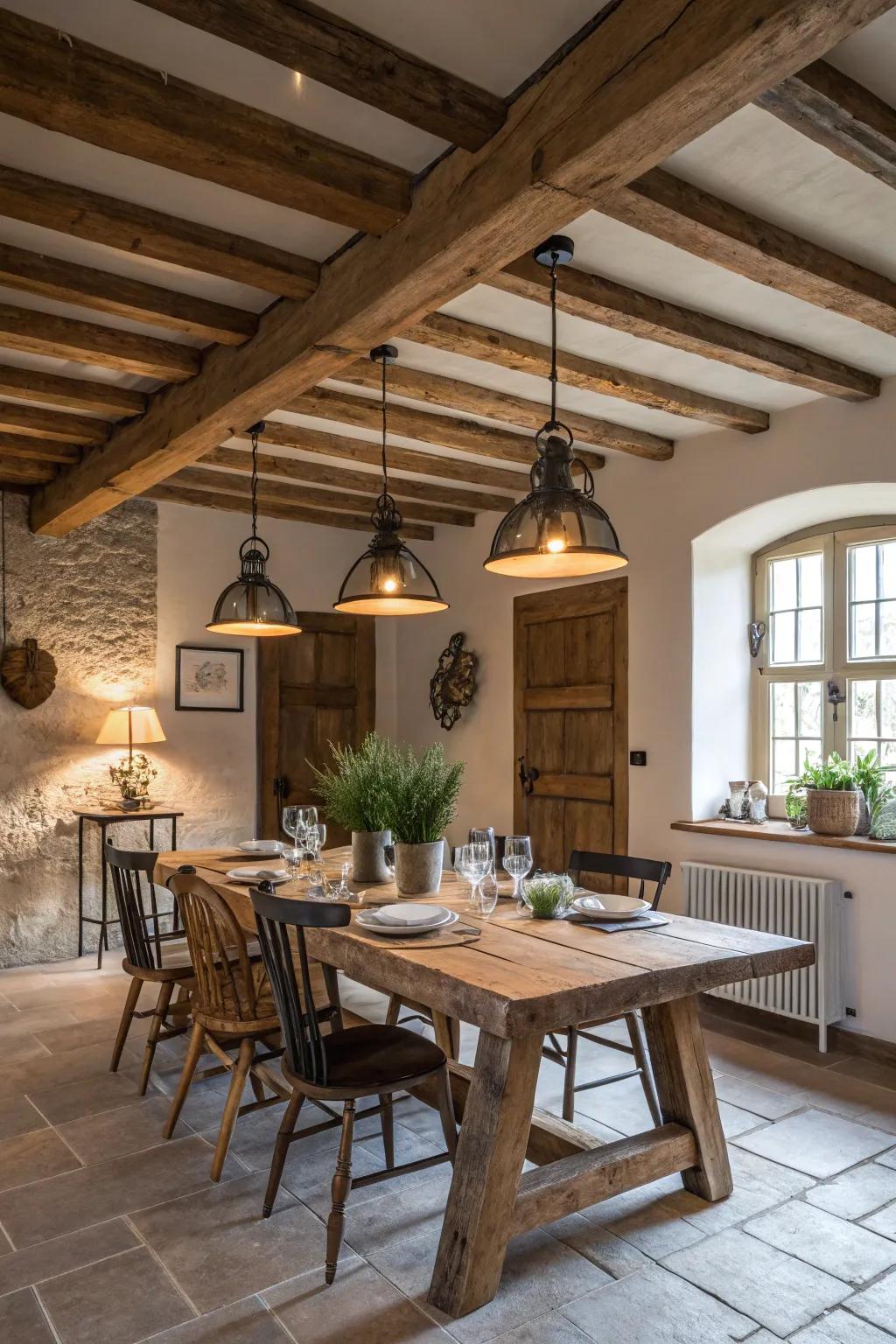 Factory-inspired lighting adds vintage charisma to this farmhouse dining space.