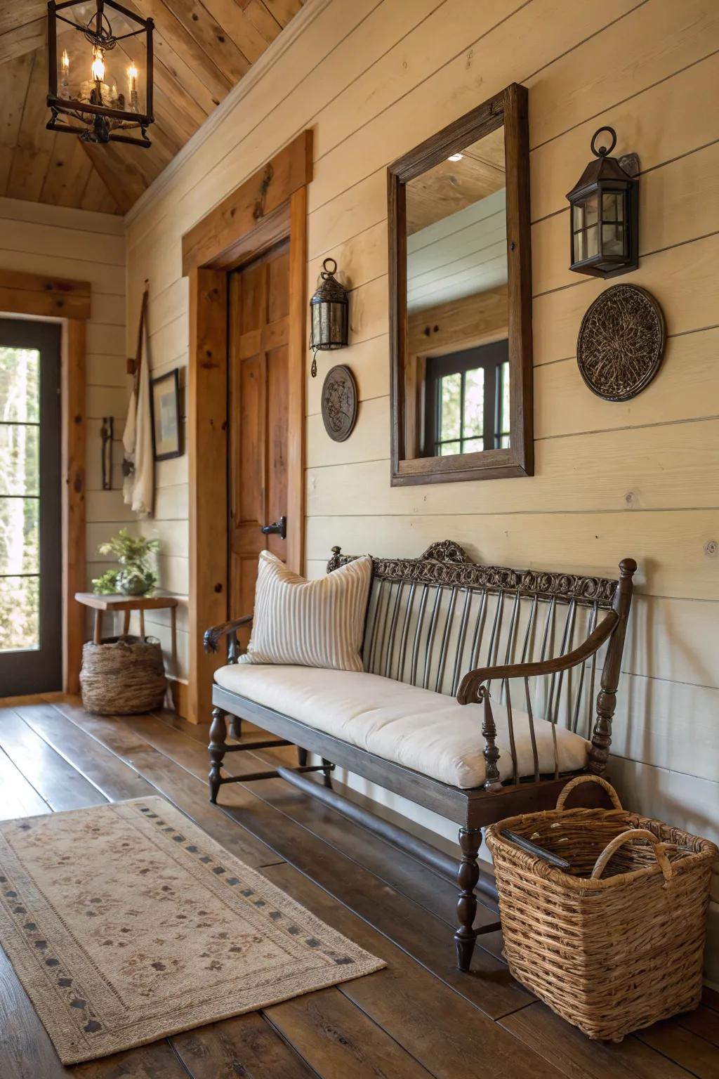 A sophisticated slat-back bench serves as a focal point in a farmhouse entryway.