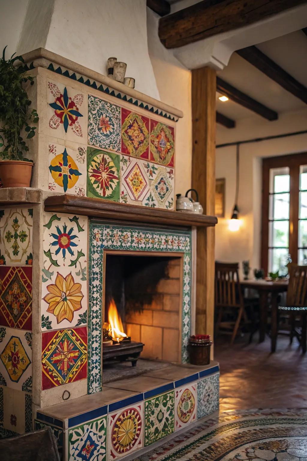 Decorative tiles adding flair to a farmhouse fireplace.