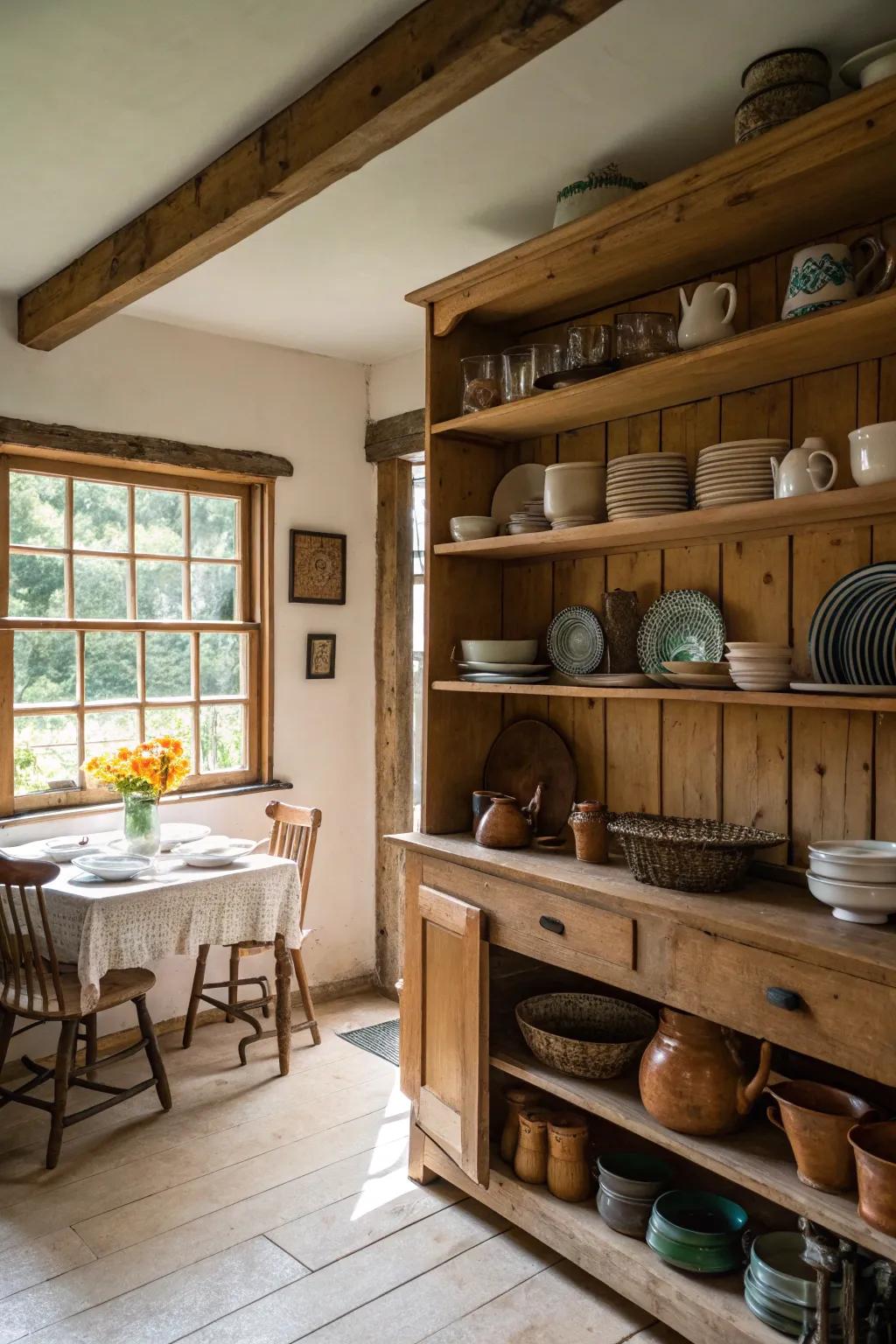 A farmhouse kitchen featuring open-face lumber shelving displaying dinnerware.